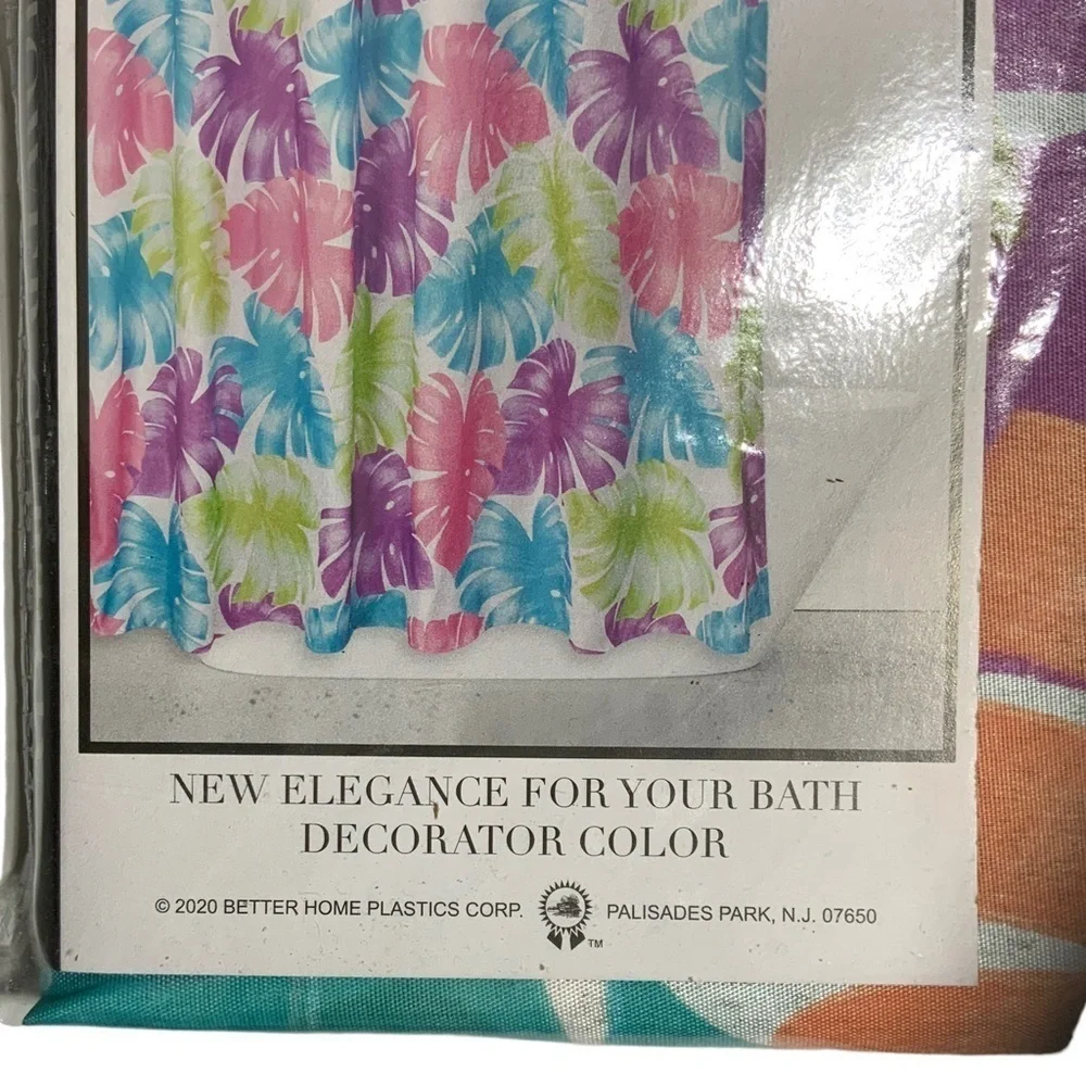 Shower Curtain Tropical Colorful Leaf Print  Fabric Teal Pink Green 70 X 72 in